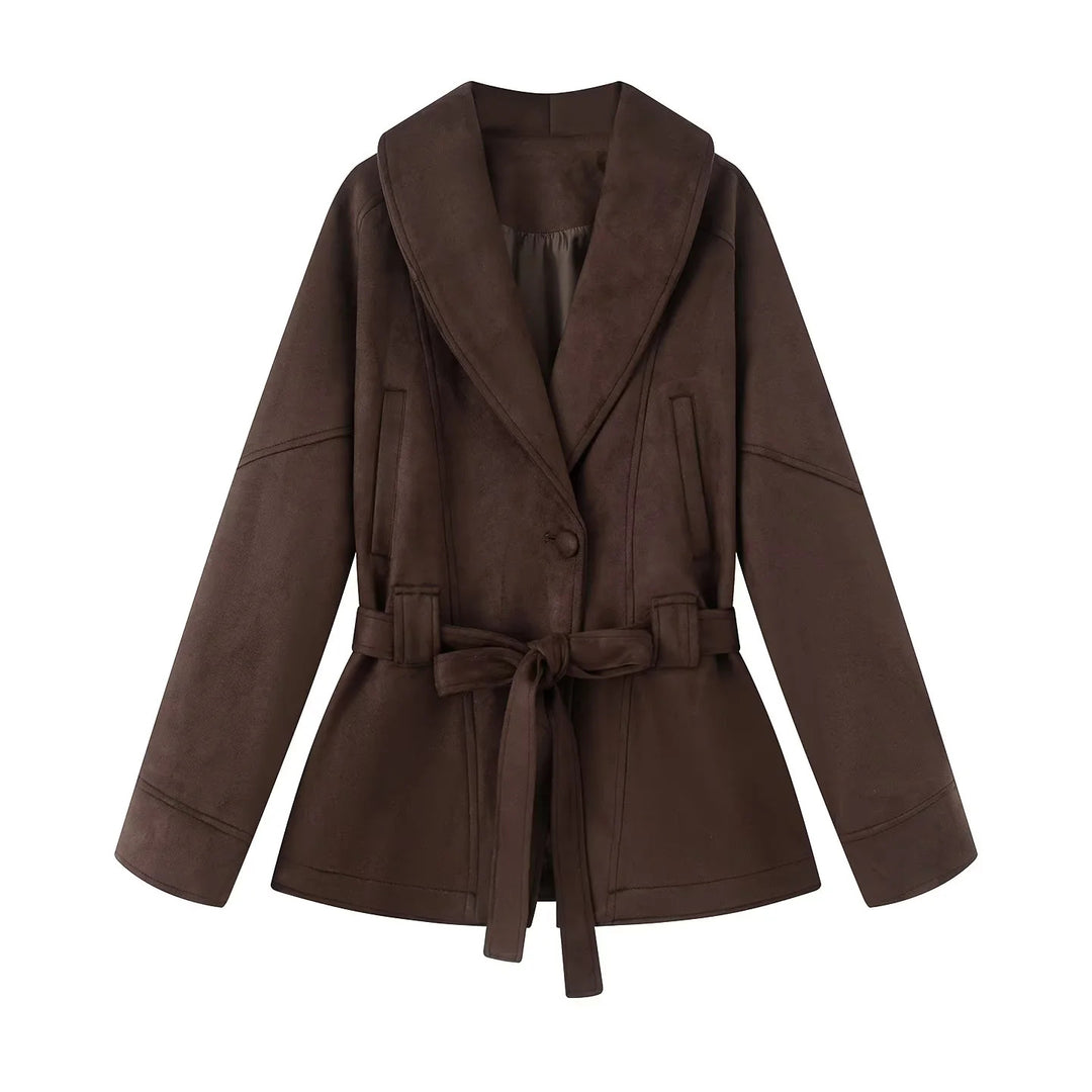 Damen elegante Übergangsjacke mit Bindegürtel und schmeichelndem Revers Drune