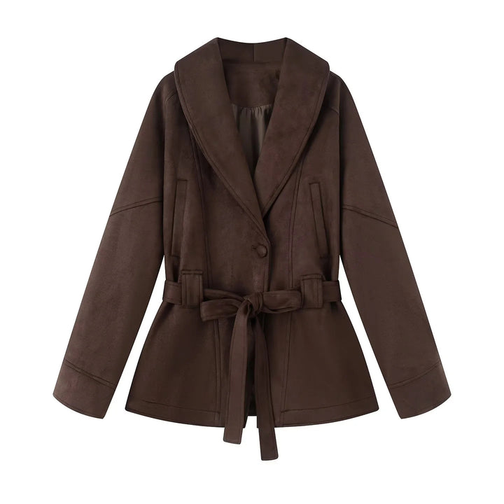 Damen elegante Übergangsjacke mit Bindegürtel und schmeichelndem Revers Drune