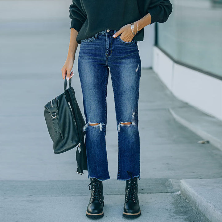 Damen moderne High-Waist Jeans mit used Look Drune