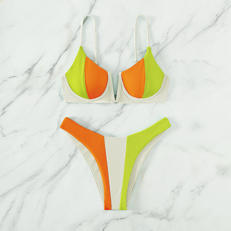 Damen Triangel-Bikini mit modischem Farbblock-Design und verstellbaren Trägern Drune