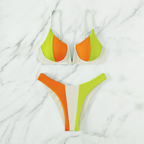 Damen Triangel-Bikini mit modischem Farbblock-Design und verstellbaren Trägern Drune