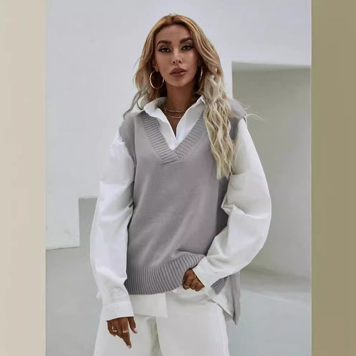 Damen Strickweste mit V-Ausschnitt und geripptem Saum Drune