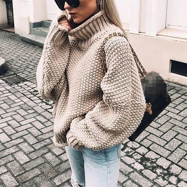 Damen grobstrick Pullover mit Stehkragen und überschnittenen Schultern Drune