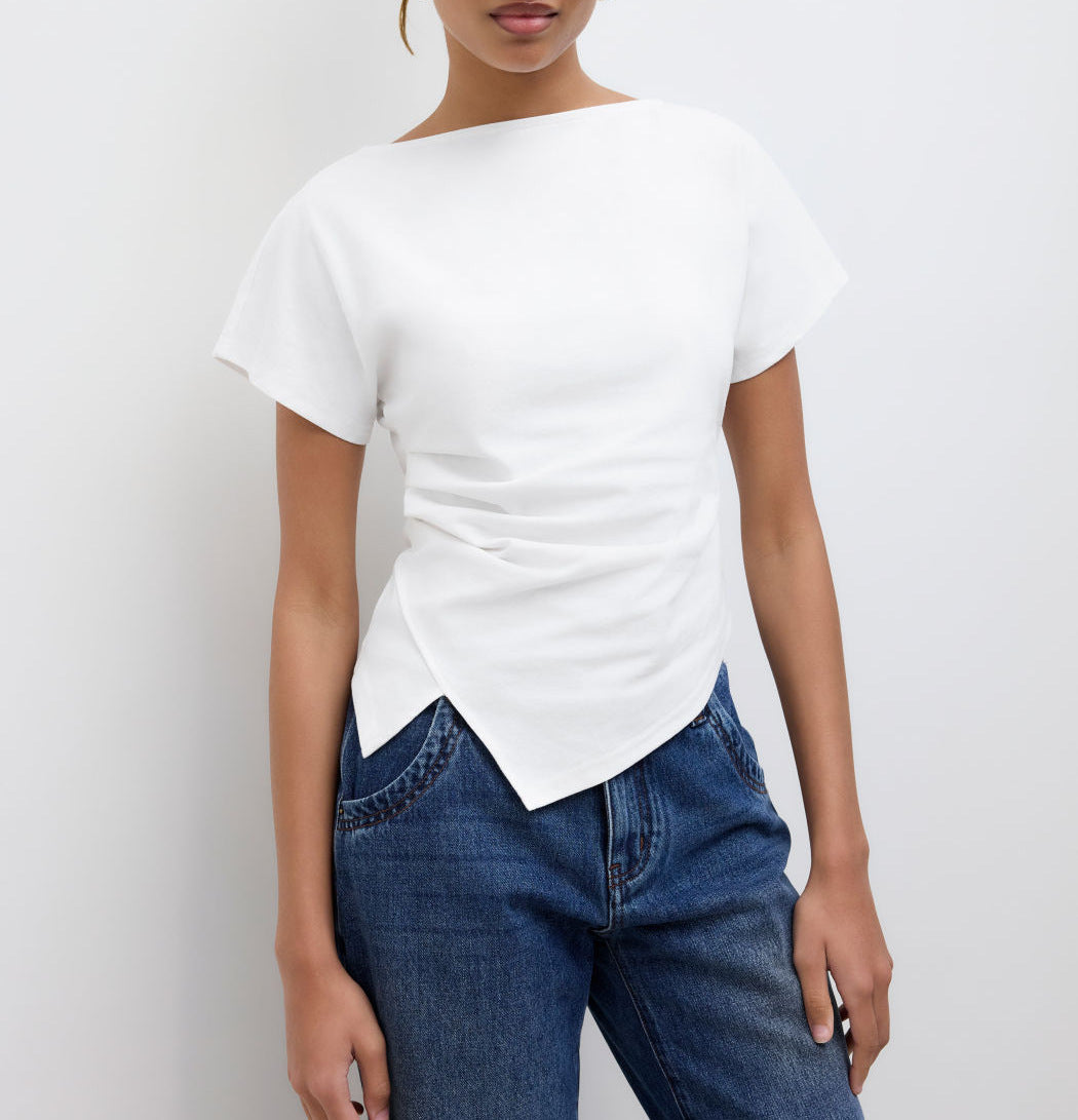 Damen Cropped T-Shirt mit asymmetrischem Schnitt und dekorativem Drapierungseffekt Drune