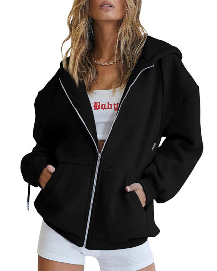 Damen nan Oversize-Zip-Hoodie mit Kapuze Kängurutaschen und weichem French-Terry Drune