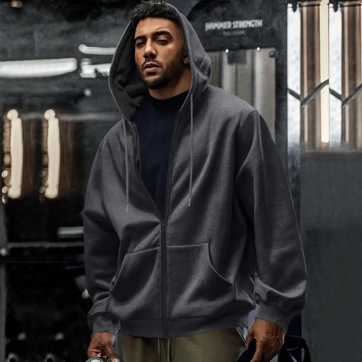 Herren nan oversized Zip-Hoodie mit durchgehendem Reißverschluss, Kängurutasche und gerippten Bündchen Drune
