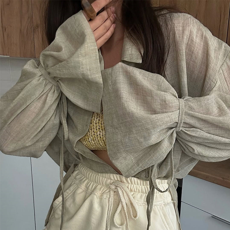Damen lässige Leinenbluse mit bindbarem Gürtel Drune