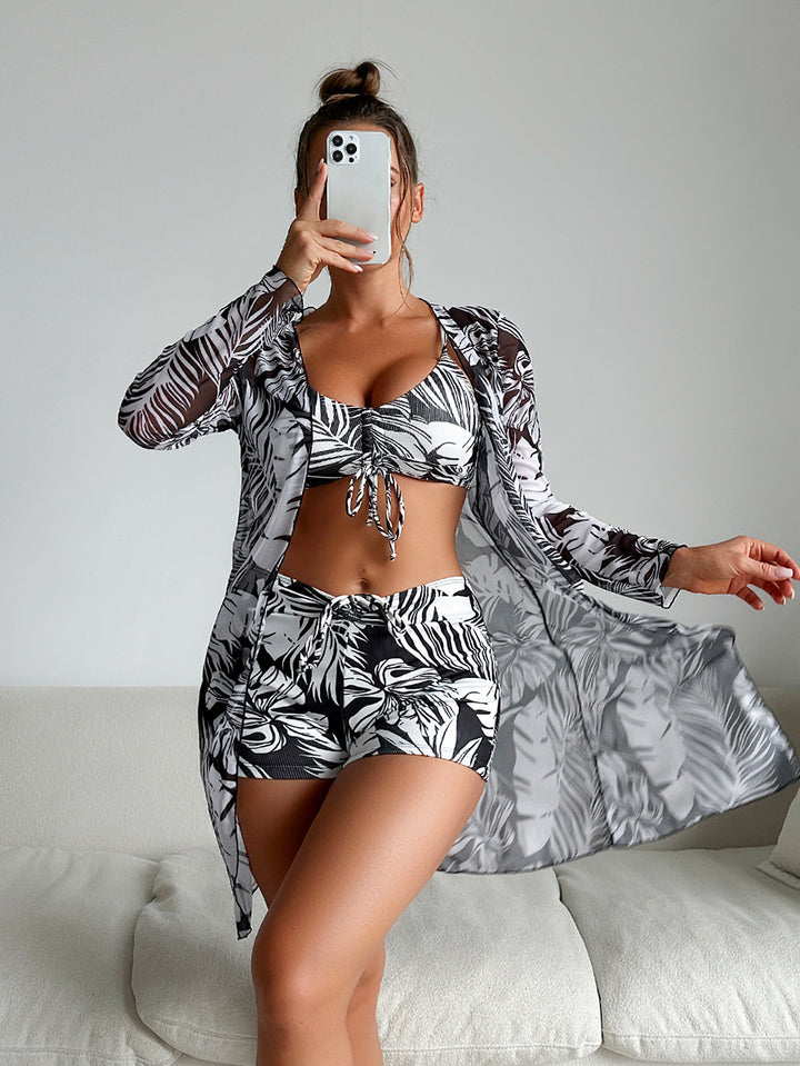 Damen Bikiniset mit luftiger Wickeljacke und floralem Muster Drune