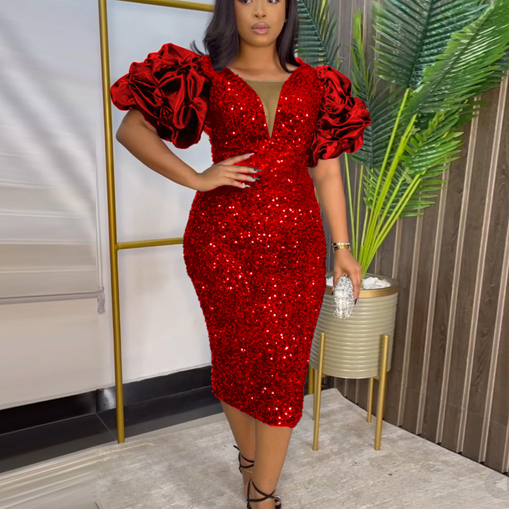 Damen Glamouröses Partykleid mit funkelnden Pailletten und voluminösen Ärmel Drune
