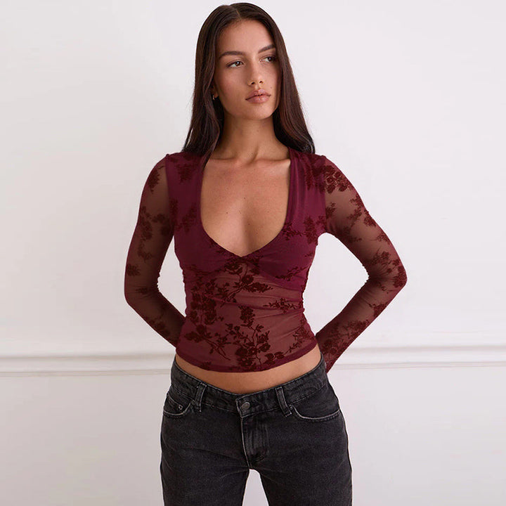 Damen transparente Spitzenbluse mit V-Ausschnitt und langen Ärmeln Drune