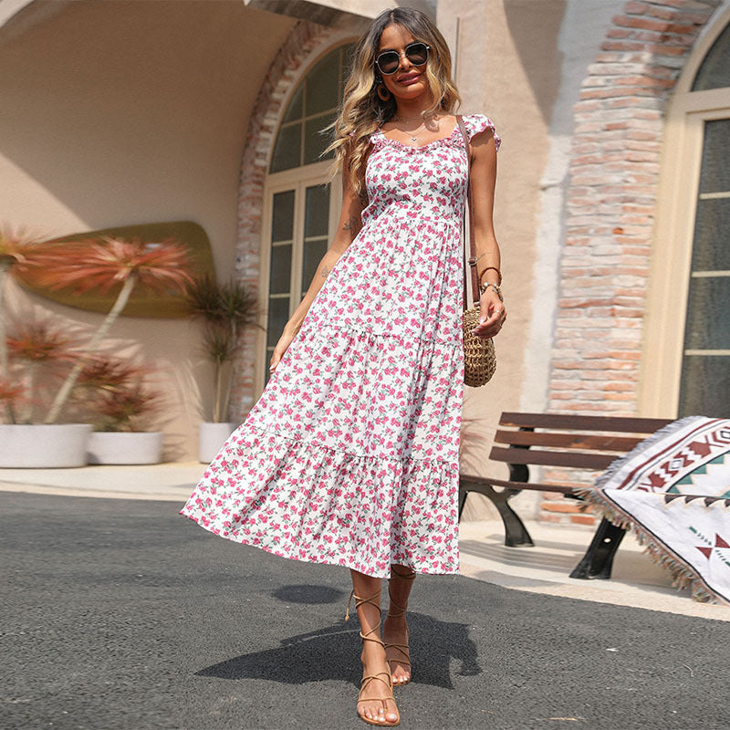 Damen Maxikleid mit floralen Mustern und Rüschendetails Drune
