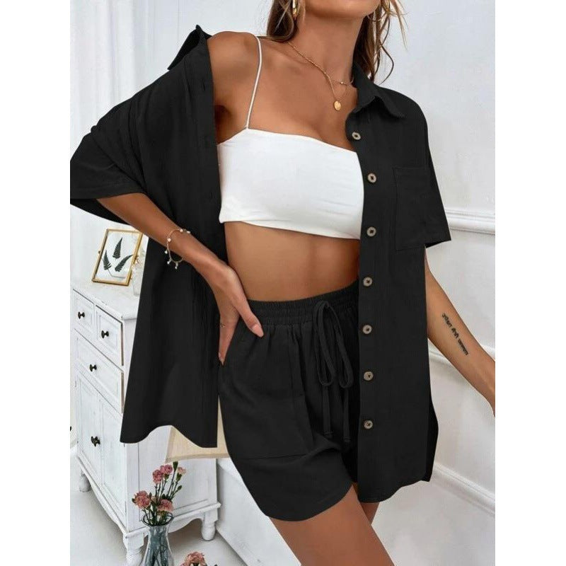 Damen luftiges Zweiteiliges Set mit Hemdbluse und Shorts Drune