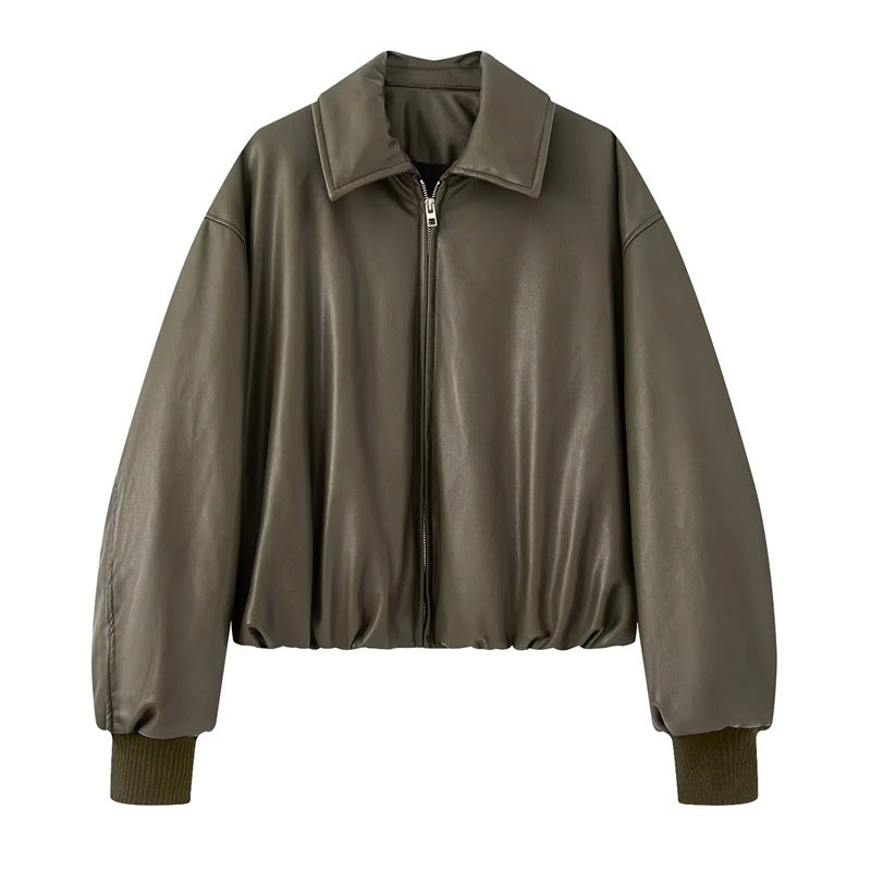Damen lässige Kunstlederjacke mit voluminösem Schnitt und praktischen Taschen Drune