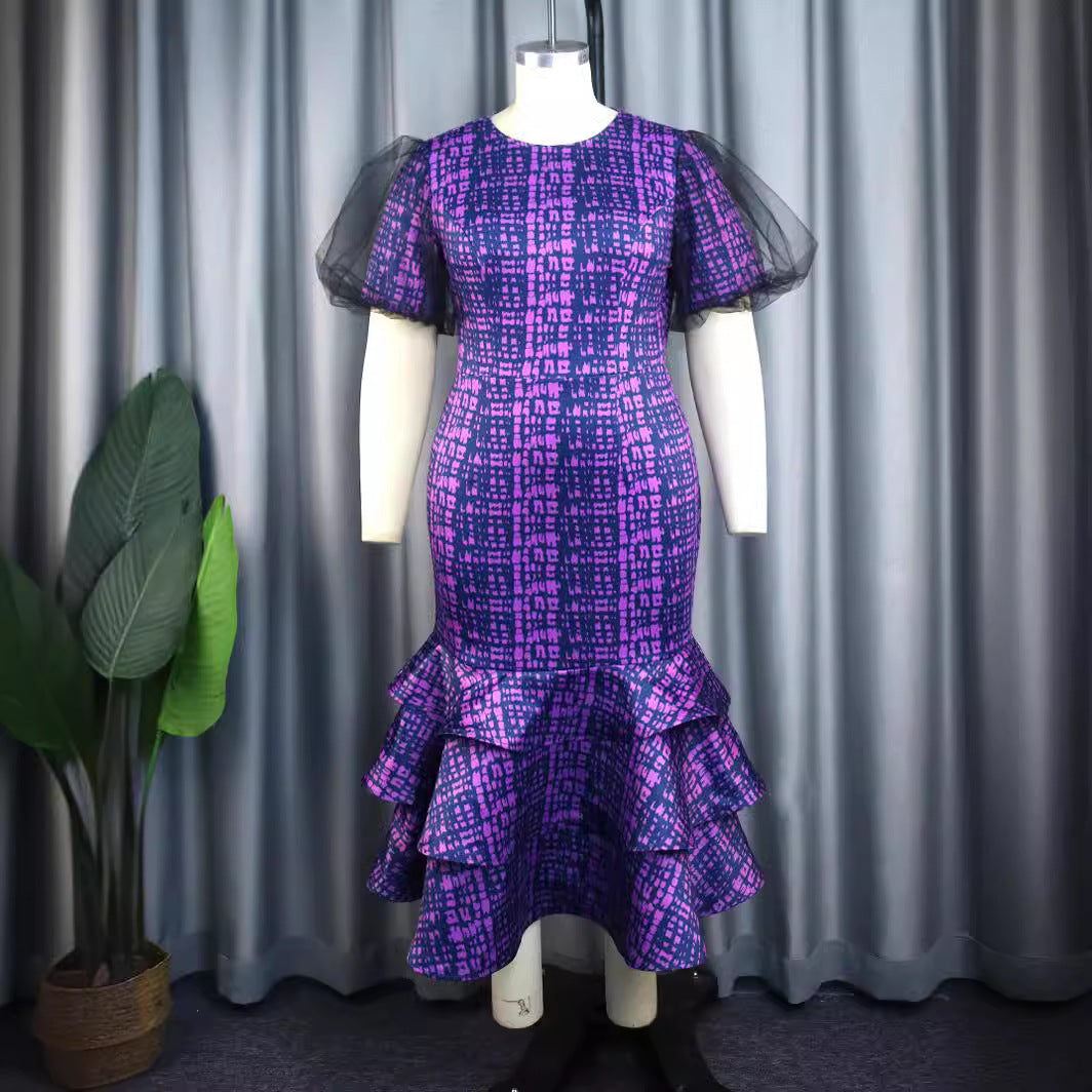 Damen elegantes Abendkleid mit voluminösen Rüschenärmeln und strukturiertem Rock Drune