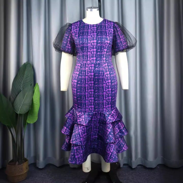 Damen elegantes Abendkleid mit voluminösen Rüschenärmeln und strukturiertem Rock Drune