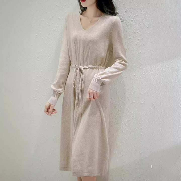 Damen Strickkleid mit V-Ausschnitt und Taillengürtel Drune