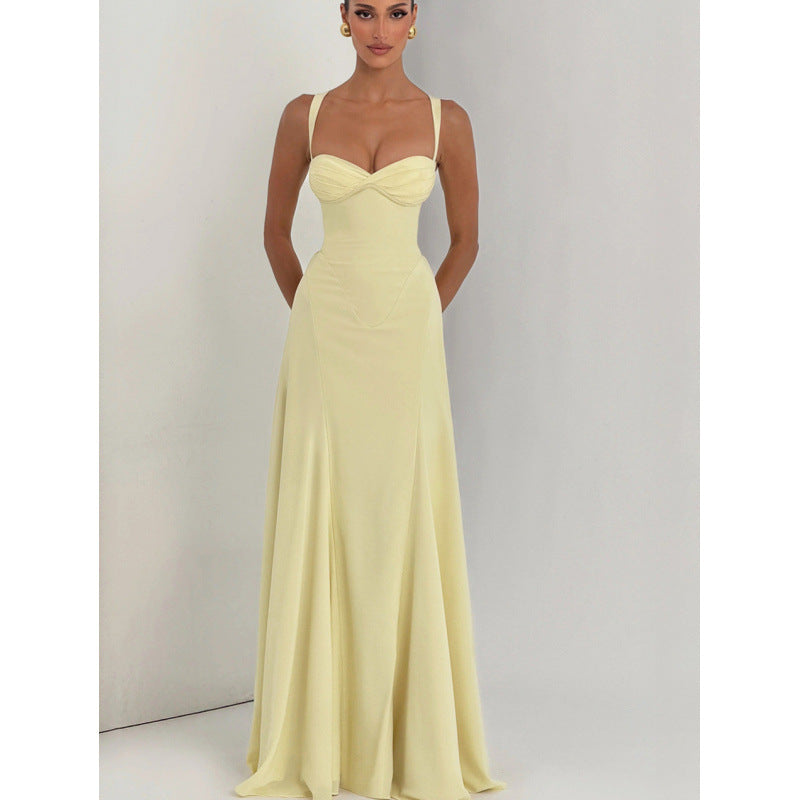 Damen Elegantes Maxikleid mit fein gerafftem Oberteil und Spaghettiträgern Drune