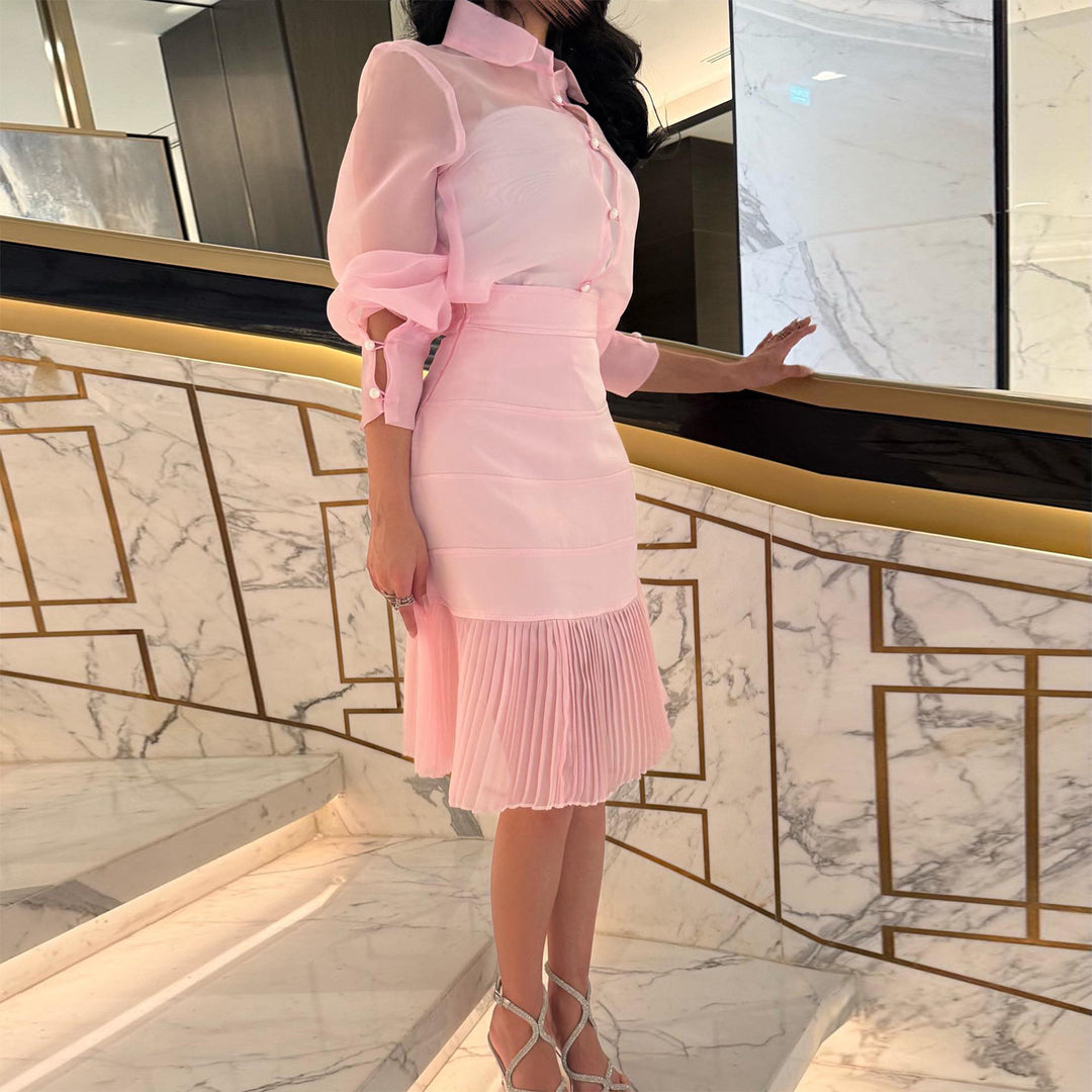 Damen Blusenkleid mit transparenten Ärmeln und Plissee-Rock Drune