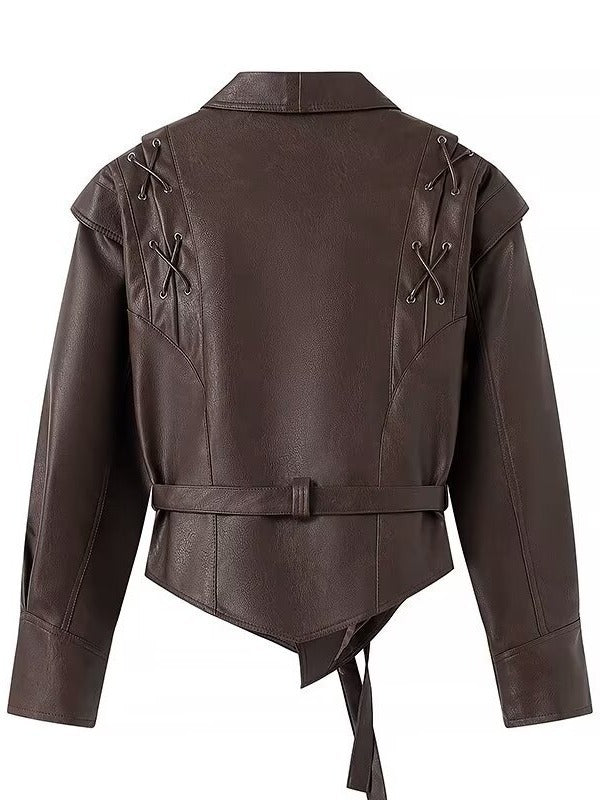Damen taillierte Kunstlederjacke mit verspieltem Schnürdetail Drune