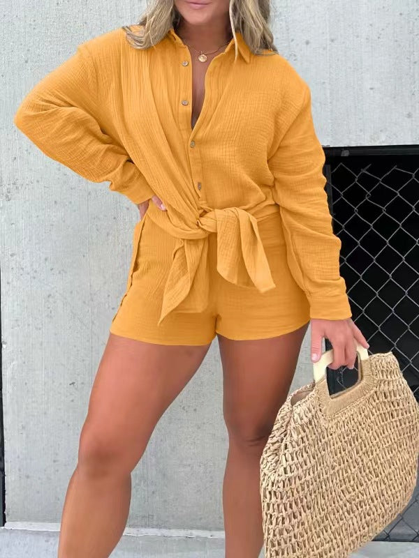 Damen lässiges Krepp-Blusenshirt und Shorts-Set mit taillierbarem Gürtel Drune