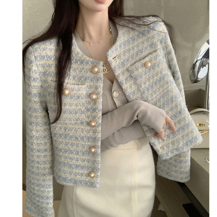 Damen Elegante und stilvolle Tweedjacke mit Perlenknöpfen Drune