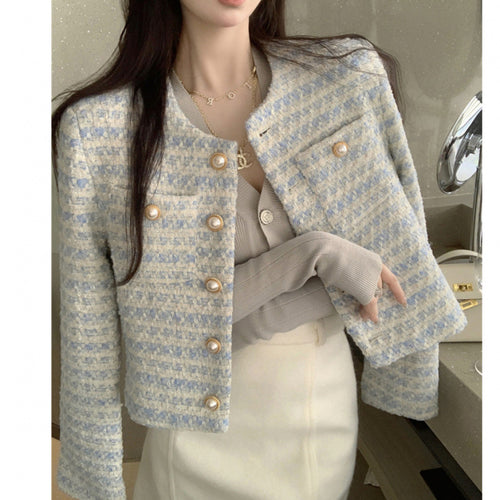 Damen Elegante und stilvolle Tweedjacke mit Perlenknöpfen Drune