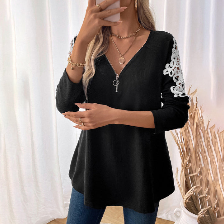 Damen elegantes Longsleeve mit Zip und Spitzenakzenten Drune