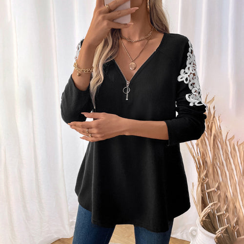 Damen elegantes Longsleeve mit Zip und Spitzenakzenten Drune