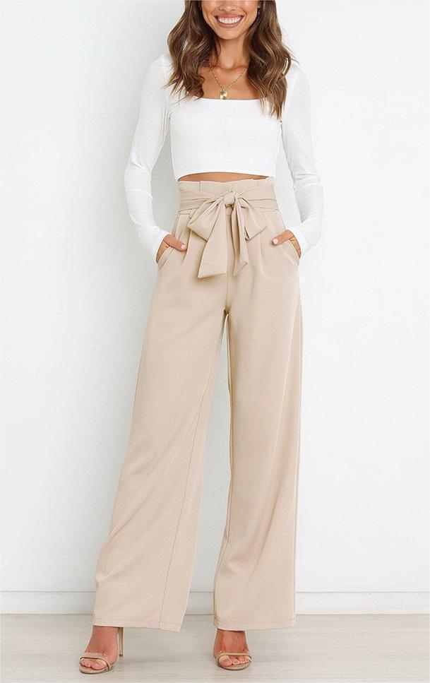 Damen Weit geschnittene High-Waist-Hose mit Binde-Gürtel und Taschen Drune