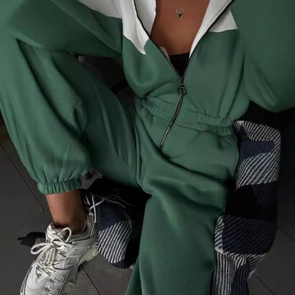 Damen nan zweiteiliges Crop-Zip-Hoodie und Highwaist Relaxhose mit weitem Bein Drune