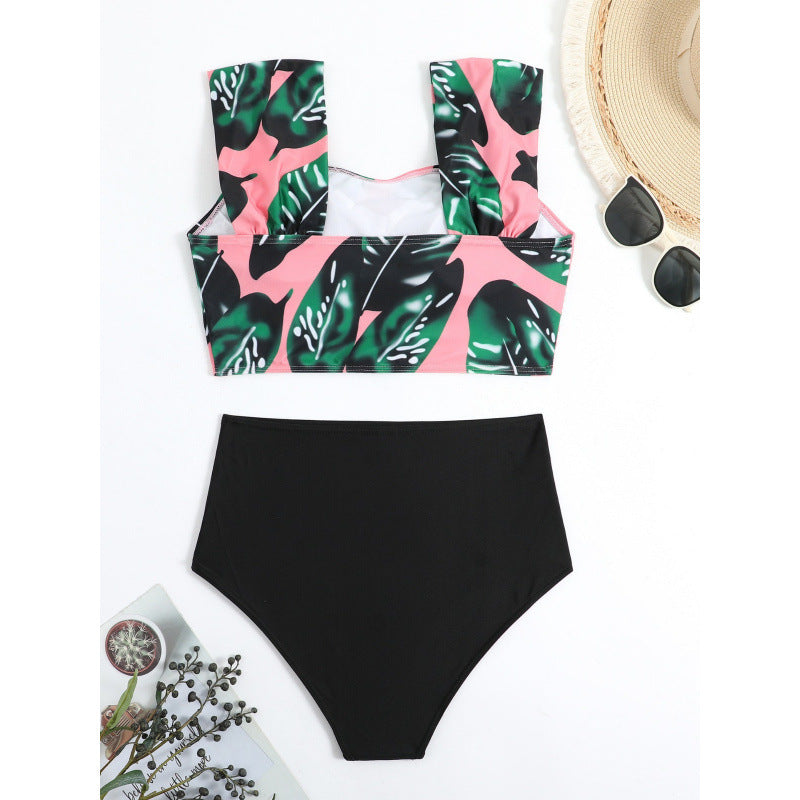 Damen Hochgeschnittener Bikini mit modischem Streifenmuster und floralem Unterteil Drune
