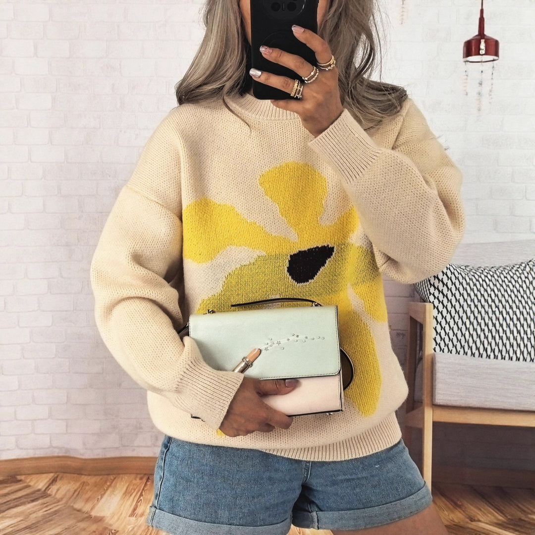 Damen Pullover mit auffälligem Blütenmotiv und lockerer Passform Drune
