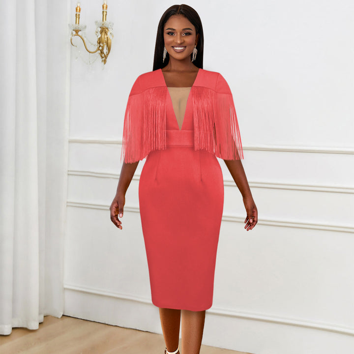 Damen Figurbetontes Kleid mit fransigen Ärmeln Drune