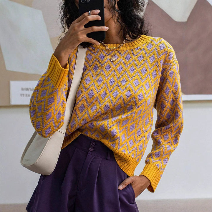 Damen lässiger Strickpullover mit geometrischem Muster Drune