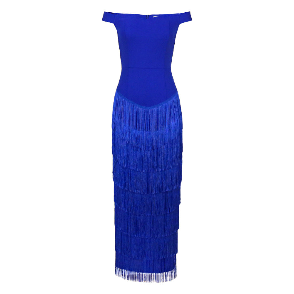 Damen glamouröses Abendkleid mit schulterfreien Rüschen und Fransen Drune