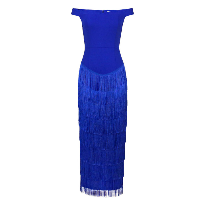 Damen glamouröses Abendkleid mit schulterfreien Rüschen und Fransen Drune