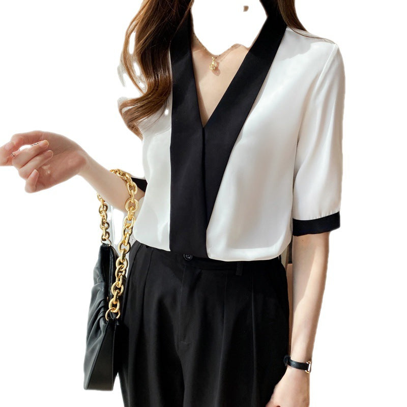 Damen Bluse mit modernem V-Ausschnitt und eleganter Farbkontrast Drune