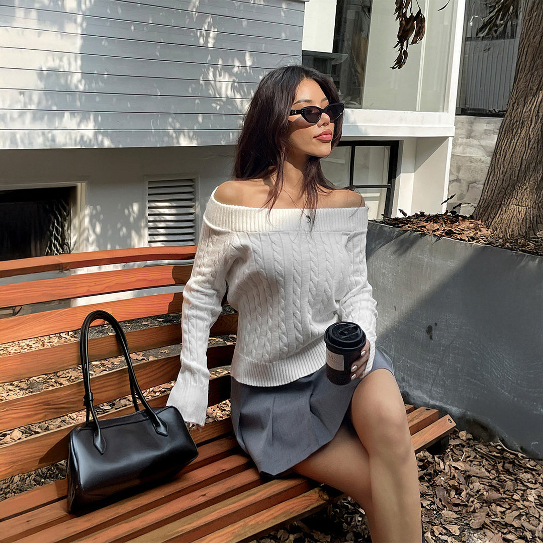 Damen Eleganter Off-Shoulder Pullover mit feinem Zopfmuster Drune