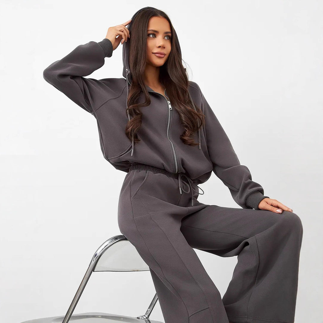 Damen lässiger Kapuzen-Sweatanzug mit breitem Schnitt und elastischem Bund Drune