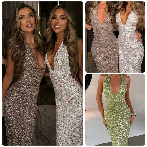 Damen Glamouröses Paillettenkleid mit tiefem V-Ausschnitt und figurbetontem Schnitt Drune