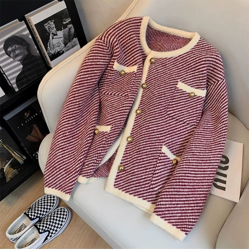Damen elegante Strickjacke im klassischen Hahnentritt-Design mit goldenen Knöpfen Drune