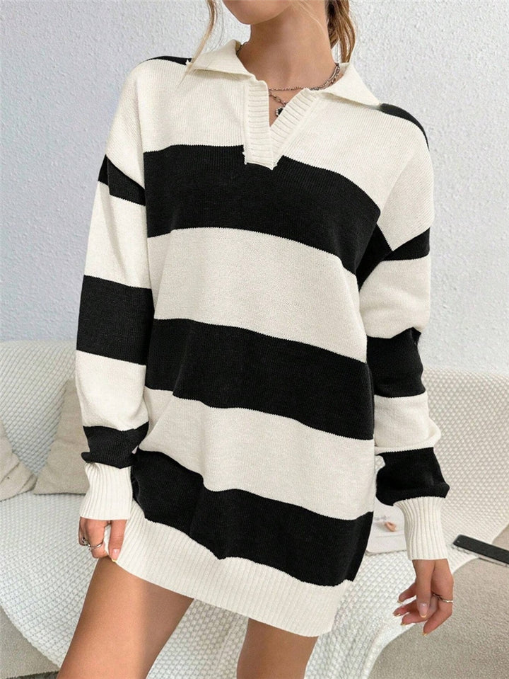 Damen Pullover-Kleid mit modernem Streifenmuster und detailreicher Knopfleiste Drune