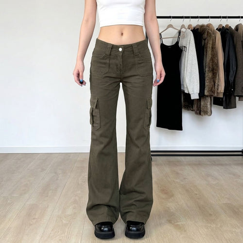 Damen nan Cargo-Flared-Hose mit hochgeschnittener Taille, aufgesetzten Beintaschen und ausgestelltem Bein Drune