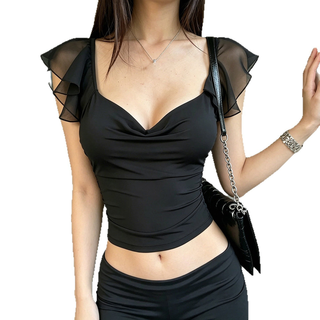 Damen Top mit verspieltem Rüschenärmel und elegantem V-Ausschnitt Drune
