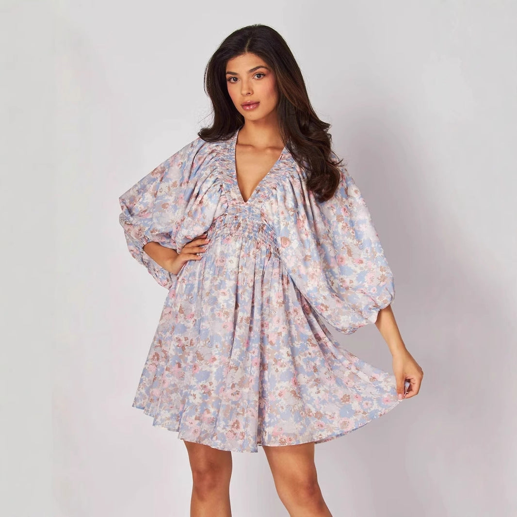 Damen leichtes Freizeitkleid mit voluminösen Ärmeln und V-Ausschnitt Drune