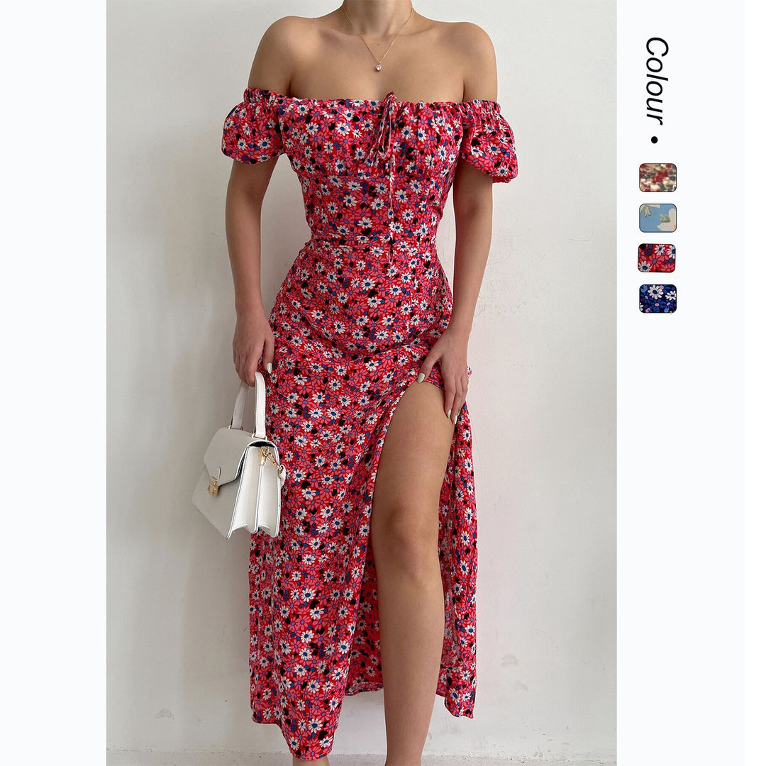Damen Off-Shoulder Maxikleid mit floralem Design und elegantem Schlitz Drune