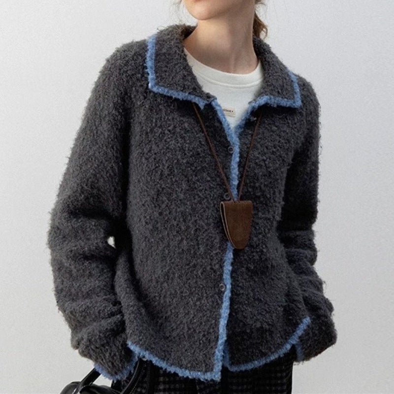 Damen kuscheliger Strickcardigan mit Kontrastdetails und kragen Drune