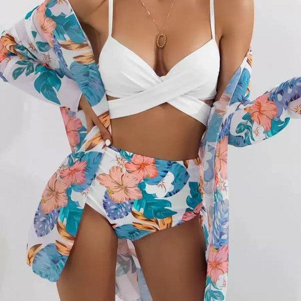 Damen Bikiniset mit floralem Kimono und hoch geschnittenem Oberteil Drune