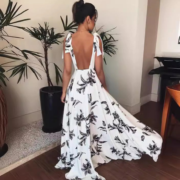 Damen Maxikleid mit tiefem V-Ausschnitt und floralen Verzierungen Drune