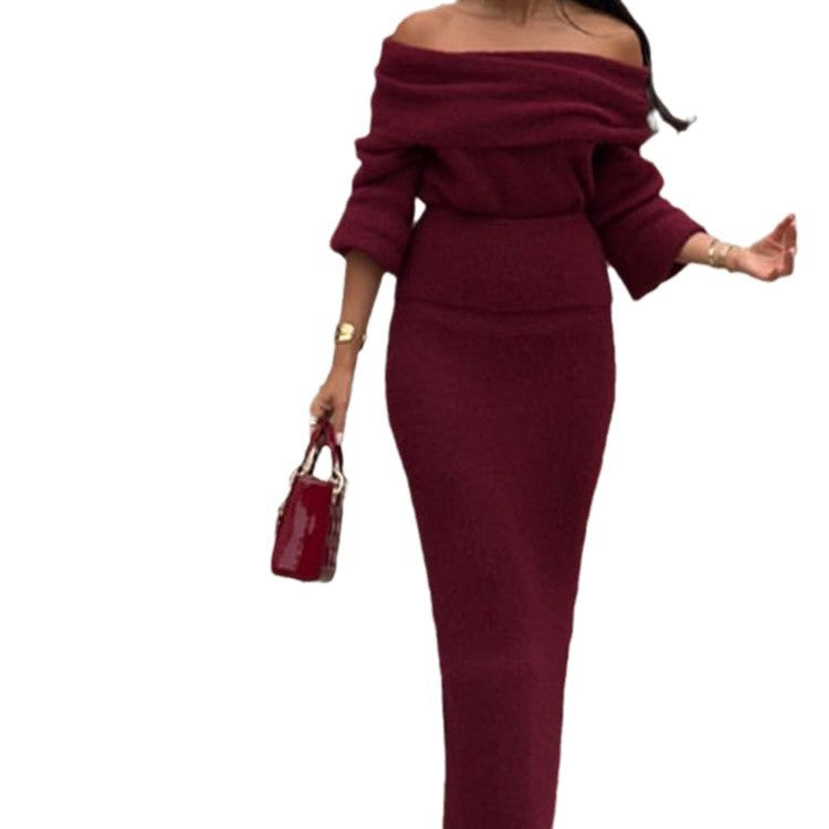 Damen Off-Shoulder Strickkleid mit weiten Ärmeln Drune
